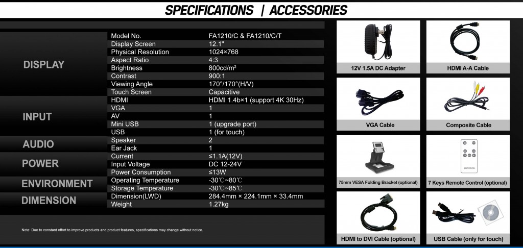 12.1 inch HDMI Capacitive Touch Monitor FA1210/C/T with High Brightness