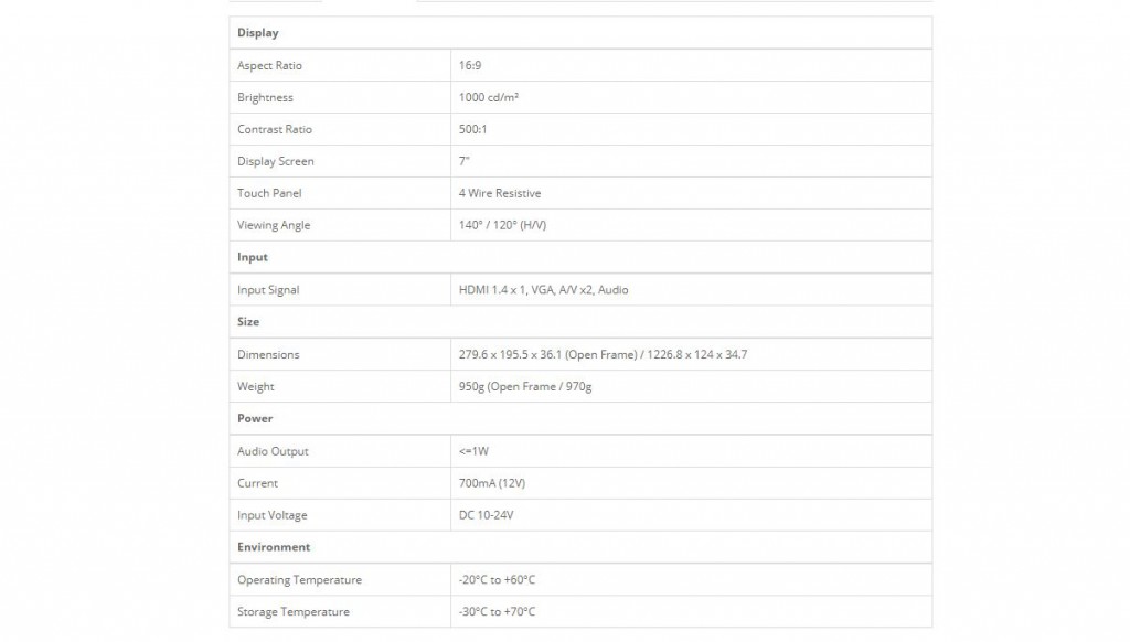 AVW Lilliput TK700-NP/C/T- 7" Open Frame Industrial Touch Monitor