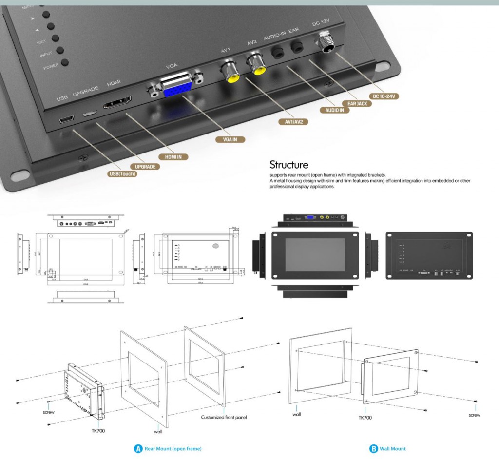 AVW Lilliput TK700-NP/C/T- 7" Open Frame Industrial Touch Monitor