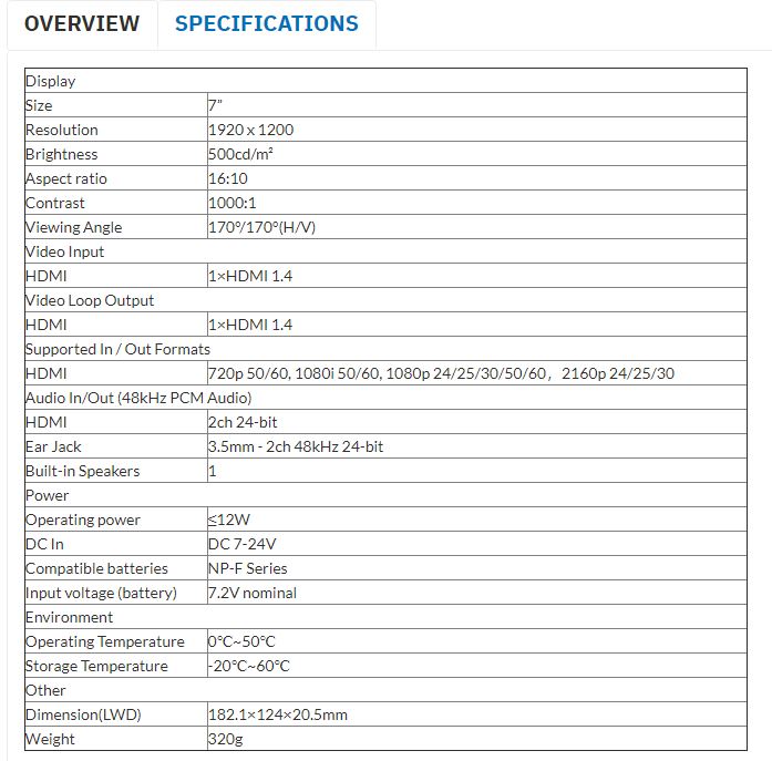 Lilliput HD7PC Specifications
